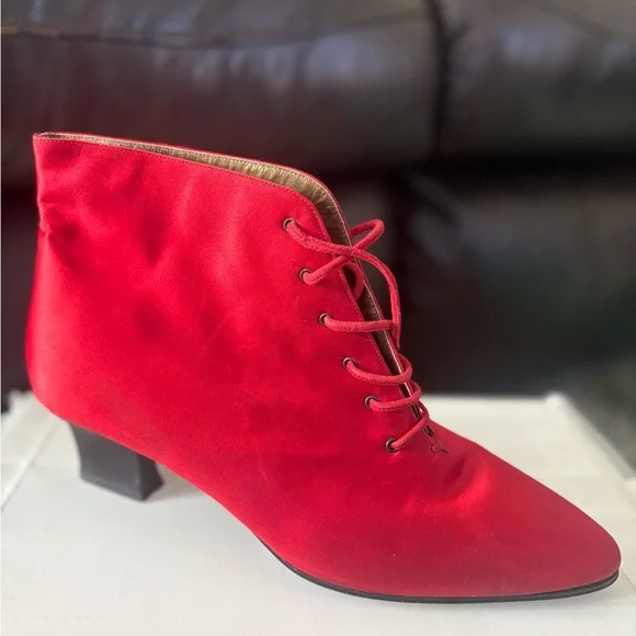 Vintage Yves Saint Laurent Red Satin Lace-Up Ankle BootsItalyBlock Heel